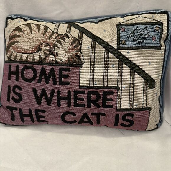 ‘Home is Where the Cat Is’ Tapestry Pillow Tabby Kitten Rectangle Used - Picture 1 of 4